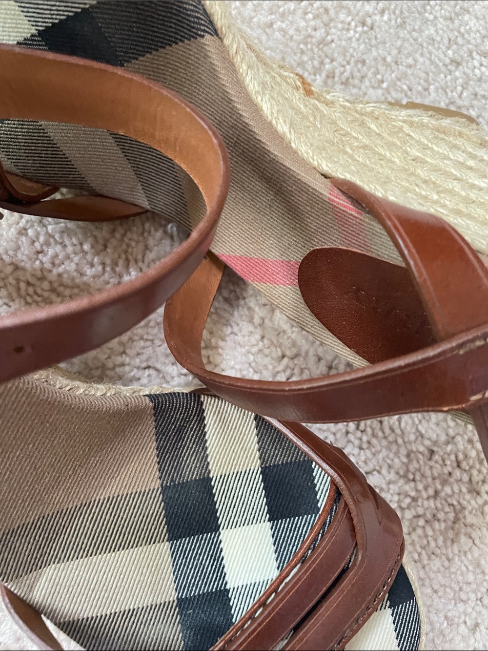 Burberry Brown Leather & Beige Check Espadrille Wedge Sandals - Picture 15 of 16